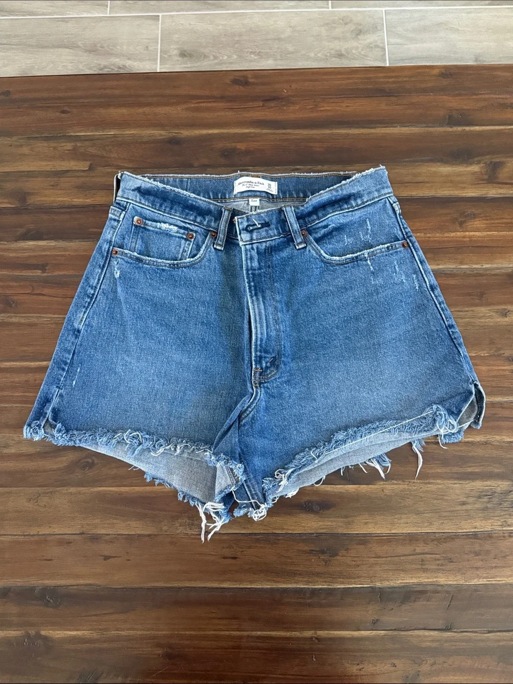 Abercrombie & Fitch Curve Love High-Waist Distressed Denim Shorts - Blue
